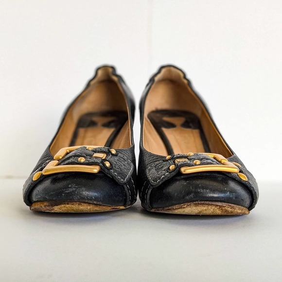 Chloe Black Heels with Gold Buckle and Wooden Heel - Picture 6 of 15